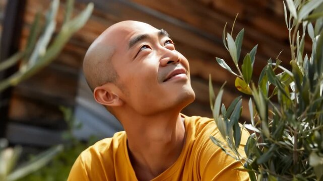 Bald man crouching and looking up among garden foliage