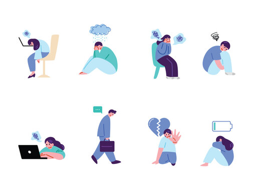 ストレスを抱える人々のイラストセット