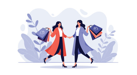 Fototapeta premium Two happy female friends walking together while holding several shopping bags and enjoying their retail therapy and friendship during a day out.