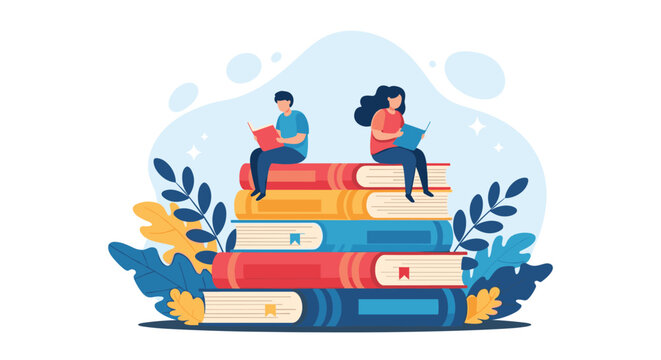 Young boy and girl sitting on top of a large stack of colorful books while deeply immersed in reading for education and personal growth.