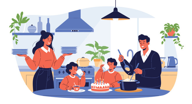 Happy family of four working together in a cozy kitchen to cook and enjoy a meal around a table with a celebratory birthday cake.