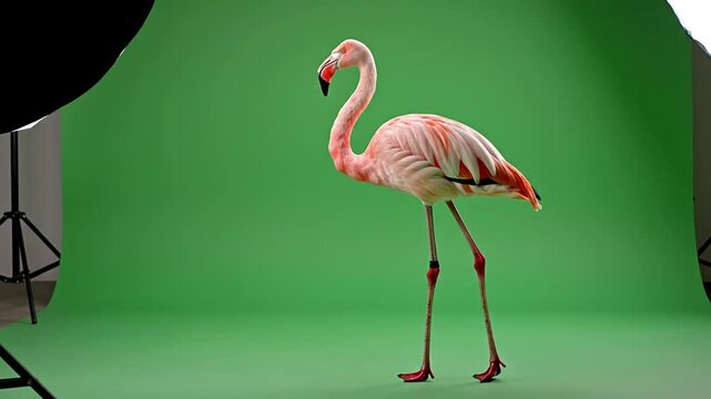 A beautiful pink flamingo standing on a green screen studio background with lighting. Perfect for chroma key compositing, special effects, nature documentaries, advertising, and educational media.