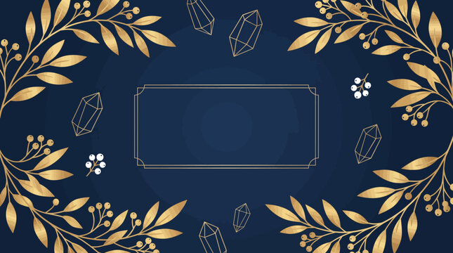 Golden leaves and flowers adorn a dark blue background with rectangular frame