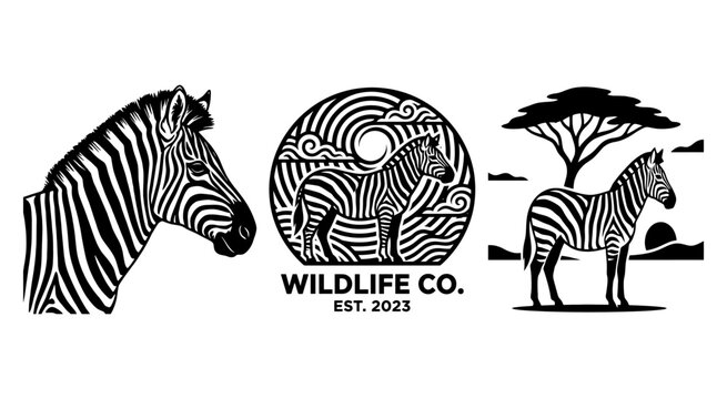 Set of black and white zebra illustrations and logo designs for wildlife branding