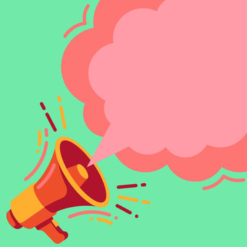 A colorful illustration of a megaphone producing a large pink speech bubble on a green background with confetti