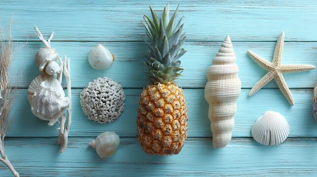 Ripe pineapple and beach sea life style objects over pastel mint blue wooden background, tropical summer vacation banner