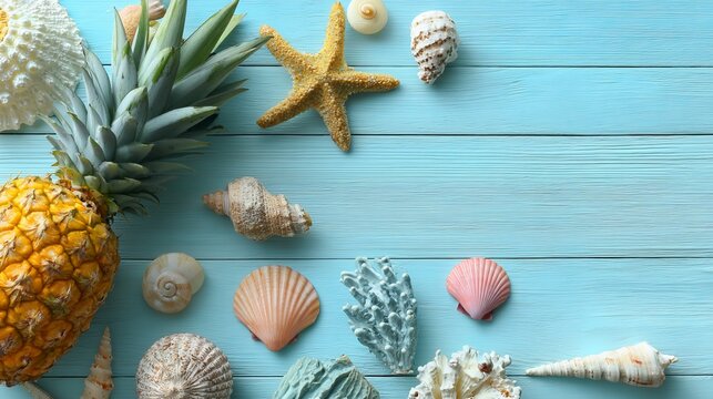 Ripe pineapple and beach sea life style objects over pastel mint blue wooden background, tropical summer vacation banner