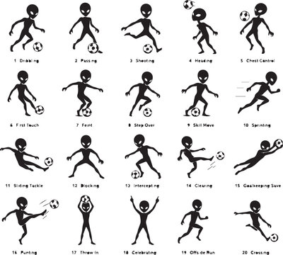 Alien Soccer Player Silhouette Icons Set Featuring 20 Different Football Actions