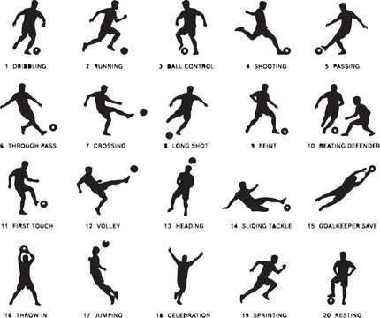Collection of 20 Soccer Player Silhouette Icons with Fundamental Skills and Actions