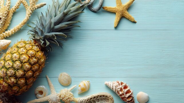 Ripe pineapple and beach sea life style objects over pastel mint blue wooden background, tropical summer vacation banner