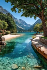 Fototapeta premium Tranquil alpine lake with crystal-clear turquoise water, mountains, sandy beach and shaded boardwalk