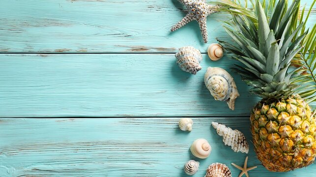 Ripe pineapple and beach sea life style objects over pastel mint blue wooden background, tropical summer vacation banner