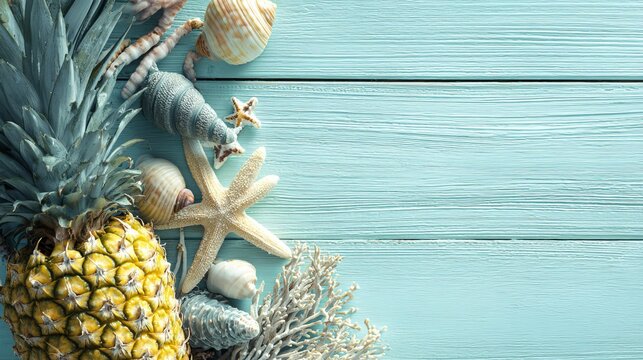 Ripe pineapple and beach sea life style objects over pastel mint blue wooden background, tropical summer vacation banner