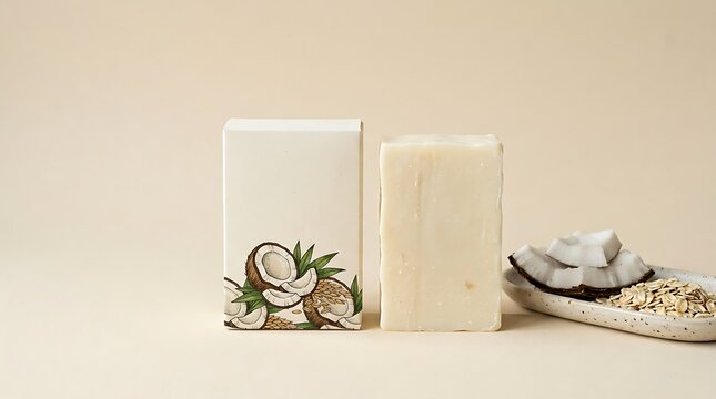 Handmade Coconut and Oatmeal Soap Bar with Illustrated Packaging
