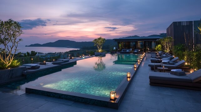 Luxury rooftop terrace at resort hotel in Phuket Thailand with infinity pool, tropical palm trees, ocean view, sunny day