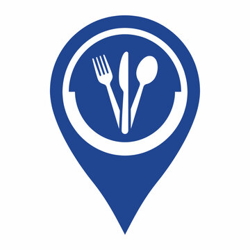 A blue icon features a plate with utensils on a map marker indicating food location.