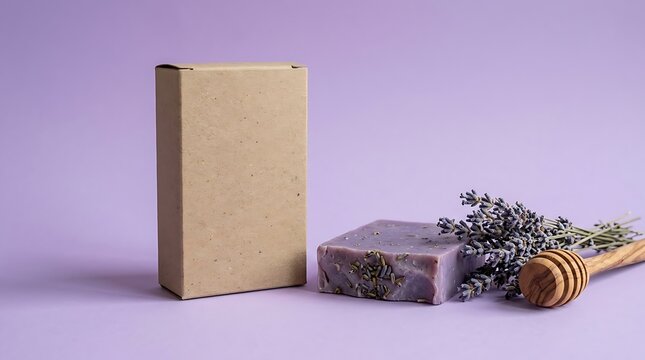 Handmade Lavender Soap Bar with Packaging and Wooden Honey Dipper