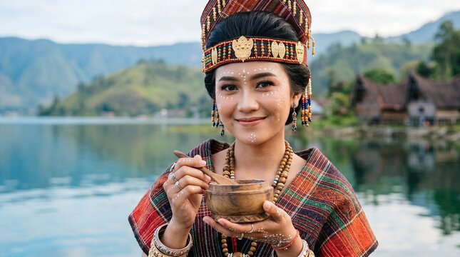 Batak Woman in Traditional Attire Holding Wooden Bowl at Lake Toba