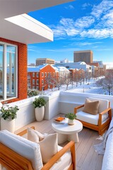 Naklejka premium Cozy rooftop balcony overlooking snowy downtown with modern seating and bright blue winter sky
