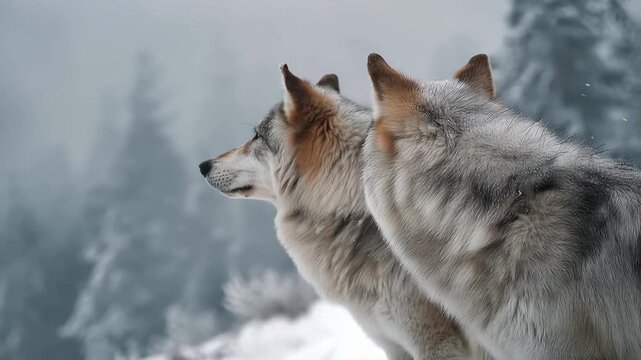 Wolves stand together in a snowy forest during cold weather, showcasing their strong bond and natural habitat in the wilderness