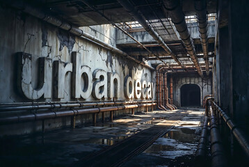 Fototapeta premium Subject: Urban decay, a large sign reading 
