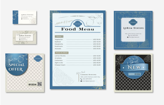 Menu template design set with a hand-dawn illustration of lemon fruits flowers leaves, price list, business card, social media