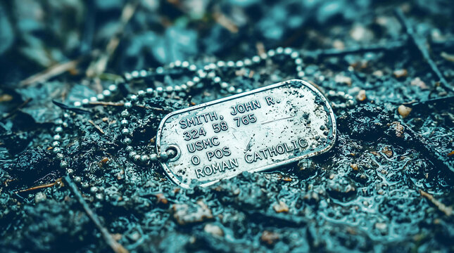 Dog tag engraved with soldier information lying on green grass