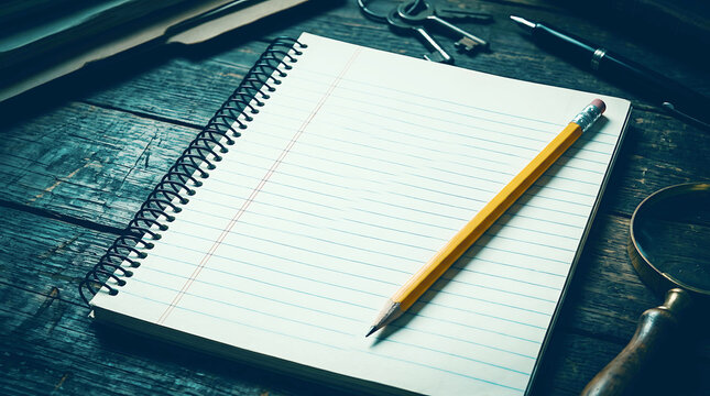 Blank spiral notebook with yellow pencil on green textured surface