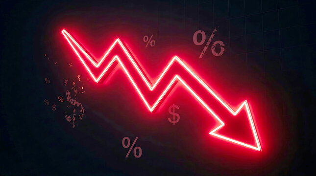 Red neon down arrow graph with percentage and dollar signs in dark background