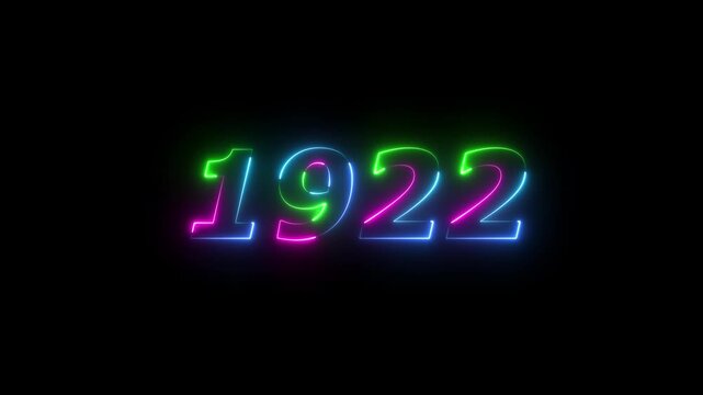 Neon glowing numbers 1922 in vibrant multi-colored light on black. Glowing numbers image photo. Professional glowing numbers for digital historical time line and bright typographic visual.