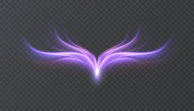 Purple glowing wing shaped light effect isolated on transparent background. Vector magic light lines for fantasy overlays and game design.