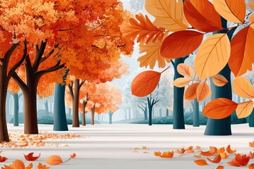Naklejka premium Autumn park scene with orange trees, fallen leaves and a peaceful forest pathway in fall