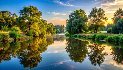 Fototapeta premium Lush Green Trees Reflecting on Calm River at Golden Sunset
