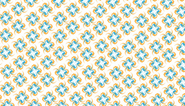 Blue floral damask seamless pattern on white fabric background