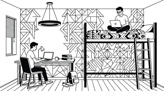 Modern shared room vector illustration featuring students working on laptops in a lofted bed and desk setup with geometric wallpaper in bold black and white line art