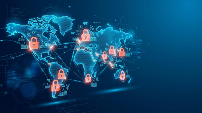 Global trade network digital tariff cargo container locked container world map import export customs duty trade barrier secure logistics international trade
