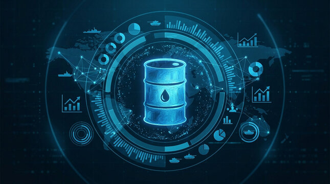 Digital oil barrel icon global data interface war analysis cyber network world map finance chart market data blue screen central symbol technology concept