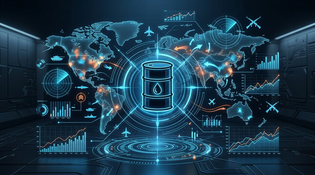 Global oil barrel market data interface world map energy trade digital dashboard blue glow futuristic technology supply chain price chart crisis analysis