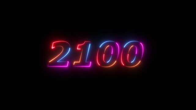 Neon glowing numbers 2100 in vibrant pink blue and orange on black. Glowing numbers year future. Professional glowing numbers for digital next century projection and colorful typography.