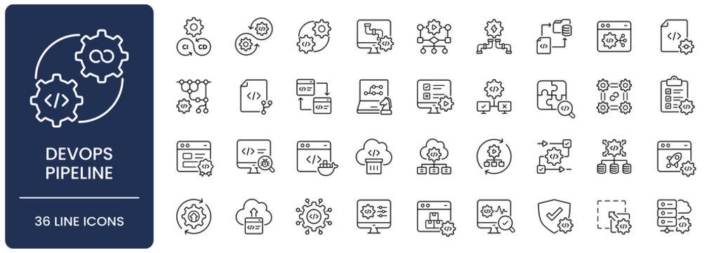 Devops pipeline icon set. Collection of CI/CD automation, continuous integration, deployment, software development, orchestration and git workflow line icon vector illustration with editable stroke.