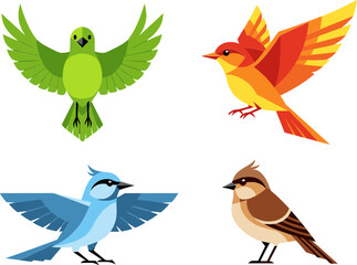 Fototapeta premium Colorful Bird Vector Set, Parrot, Sparrow, Blue Jay, and Flamebird, Flying Birds, Nature Icons for Wildlife, Birds, and Animal Designs
