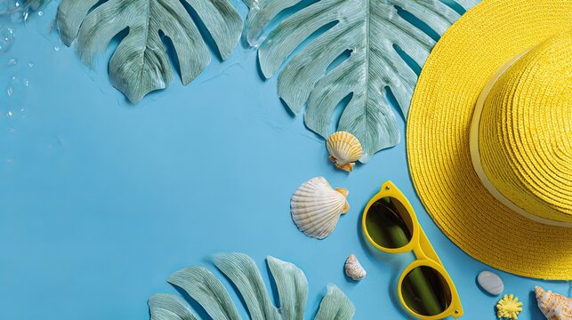 Yellow straw hat with sunglasses, seashell, and green monstera leaf on bright blue background, flat lay top view summer banner with copy space
