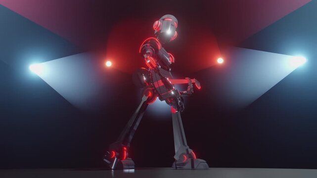 Futuristic robot musician playing glowing guitar on stage. High-tech VJ loop for electronic music festivals, club visuals, and LED video walls. Cyberpunk cyborg performance in 3D