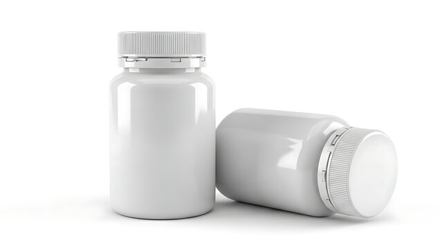 Two white medicine bottles on a plain background