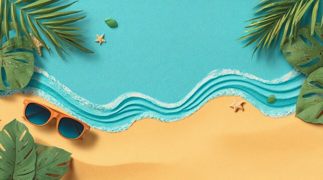 Yellow straw hat with sunglasses, seashell, and green monstera leaf on bright blue background, flat lay top view summer banner with copy space