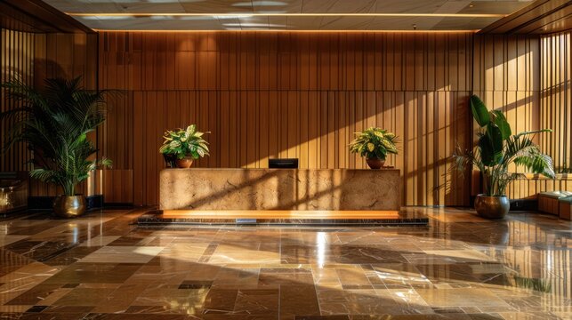 Lobby interior with warm wood accents and plants