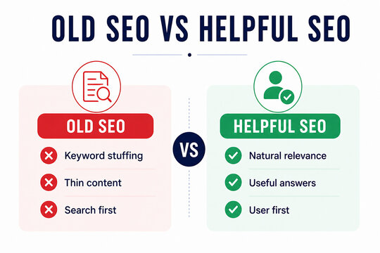 This image contrasts outdated SEO practices with a modern, user-focused approach to search engine optimization.