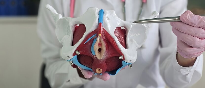 Doctor holds model of pelvic bone. Effective treatment of chronic pelvic pain
