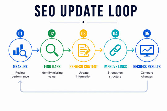 It illustrates a SEO update loop with five steps: measure, find gaps, refresh content, improve links, and recheck results. It&rsquo;s a graphic outlining an SEO strategy process.