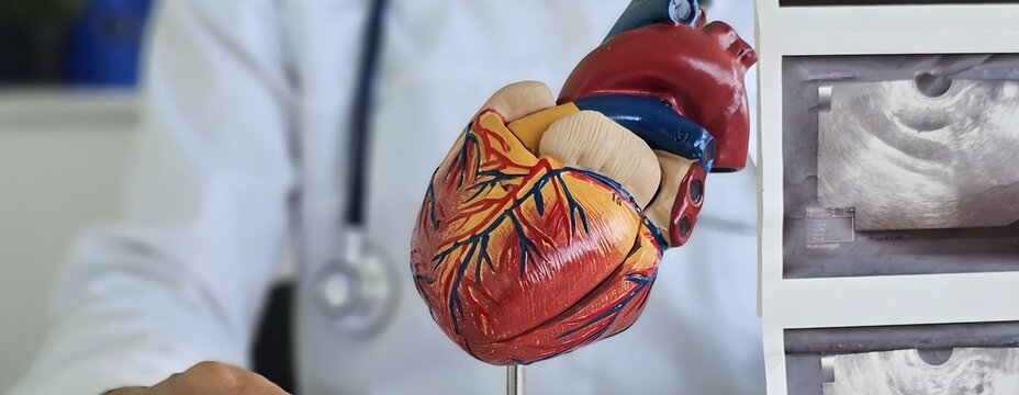 Doctor explains heart anatomy using model and ultrasound images